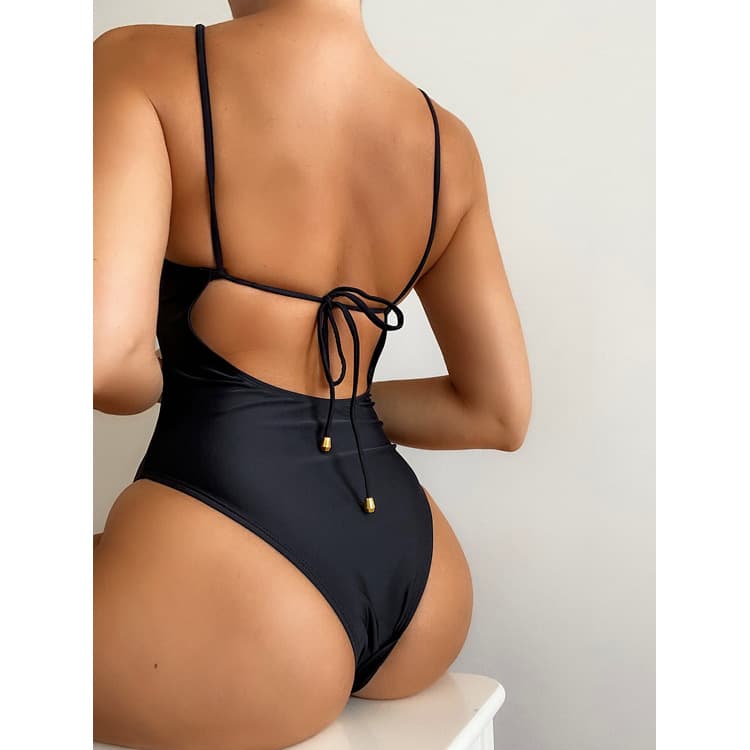 New Black One Piece Bikini Back Hollow Swimsuit Sexy High Cut Swimwear