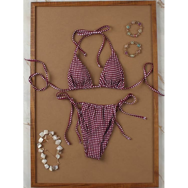 Wholesale Simple Checkered Print Bikini Burgundy Fashionable Sexy Swimwear Vacation Tie Side Bikini Set