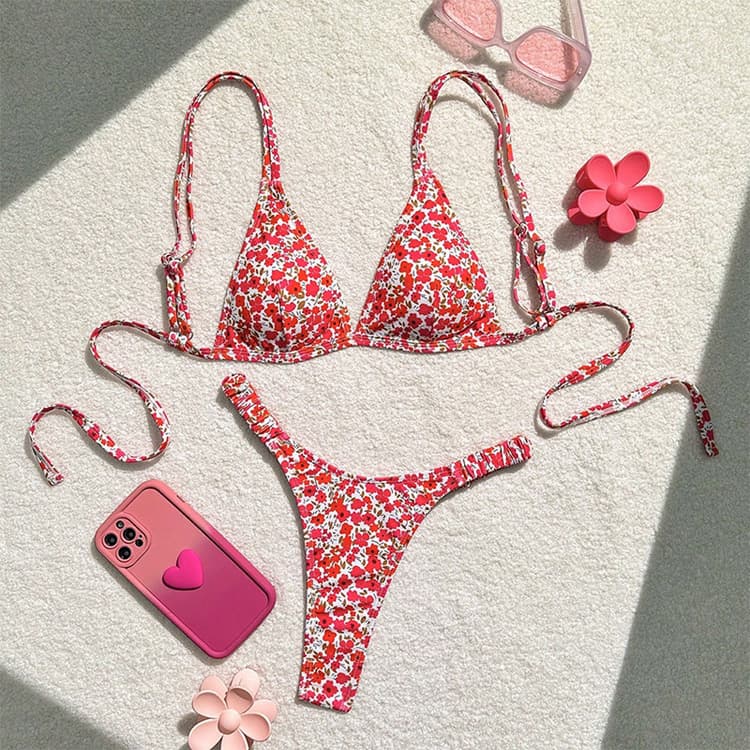 New Floral Print Lace up Bikini Sexy Swimwear Beach Hot Spring Swimsuit for Women