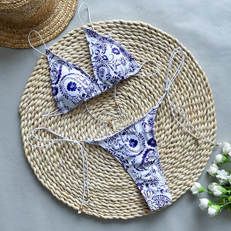 New Blue and White Porcelain Printed Bikini Sexy Bandage Swimsuit Sexy High Waist Thong Swimsuit