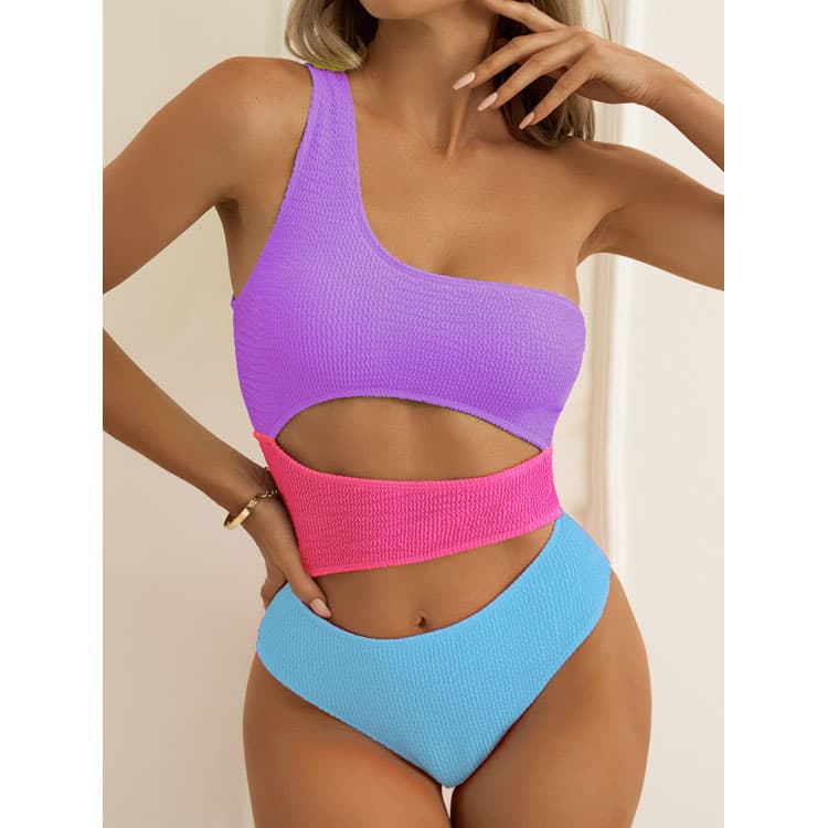 Custom Sexy One Piece Swimsuit One Shoulder Bikini Color Blocked Hollow Swimsuit