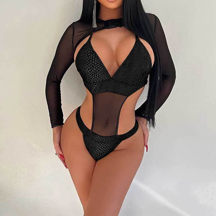 New Sexy One Piece Swimsuit Black Long Sleeved Mesh Swimsuit High Waist Hollow Bikini