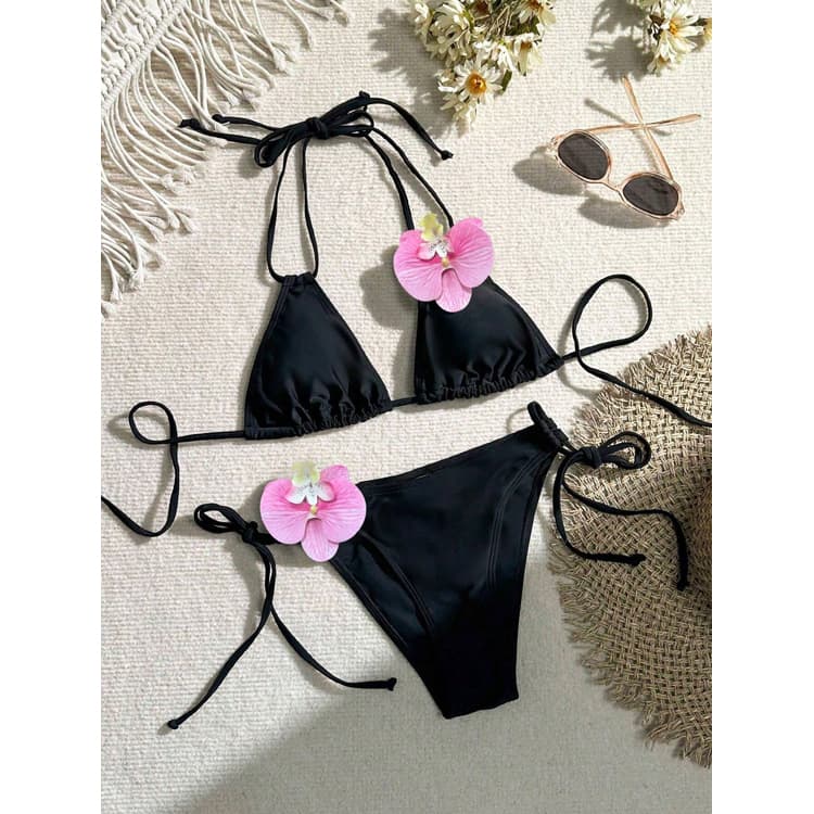 New Black Bikini Women Sexy Bandage Bikini Floral Swimsuit Beachwear