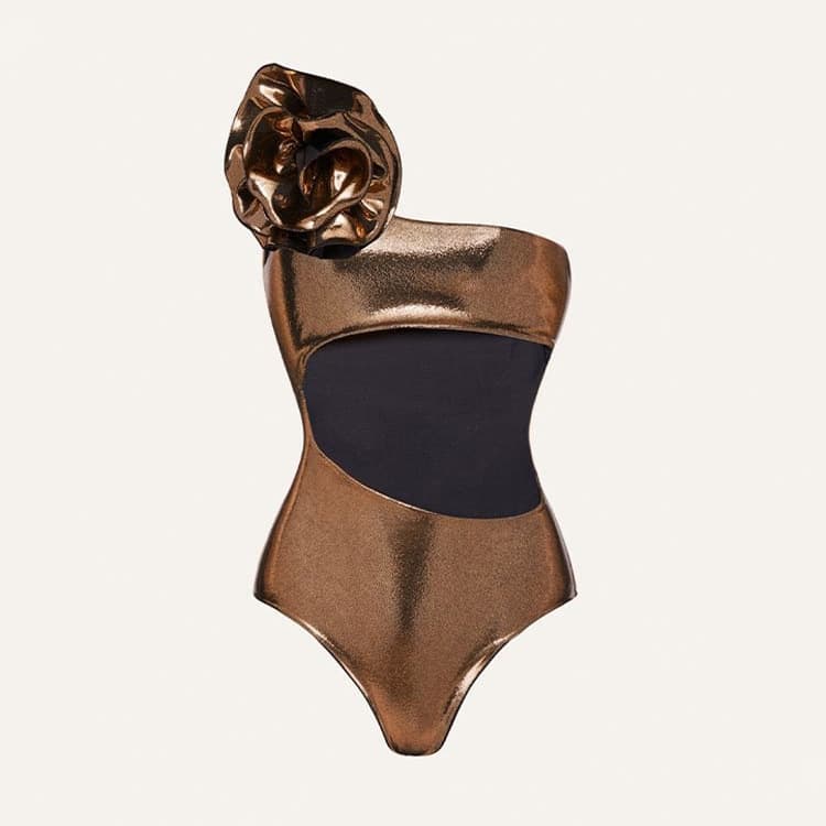 New Gold Handmade Flower Bikini Hanging Neck Hollow One Piece Swimsuit for Women