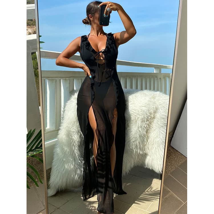 2023 New Cardigan Dress Bikini Sexy Mesh Beach Dresses Swimwear Black Bikini Set