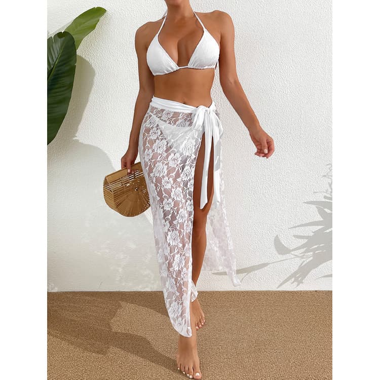 New White Beach Long Dress Bikini Sexy Lace Deep V Bathing Suit Backless Bandage Swimsuit Women