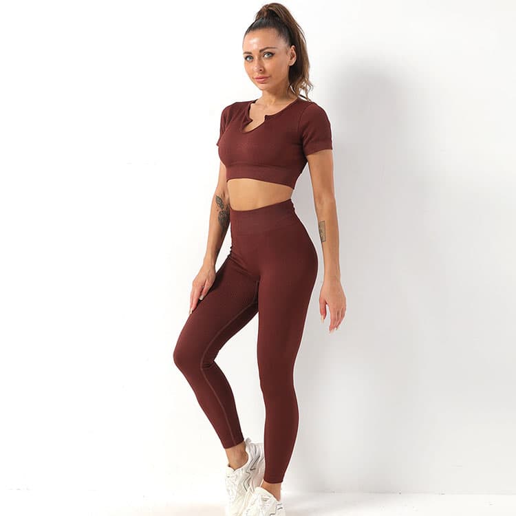 Solid Color All Match Thread Yoga Suit Sports Suit Short Sleeved Fitness Wear Tops High Waist Yoga Pants Fitness Trousers