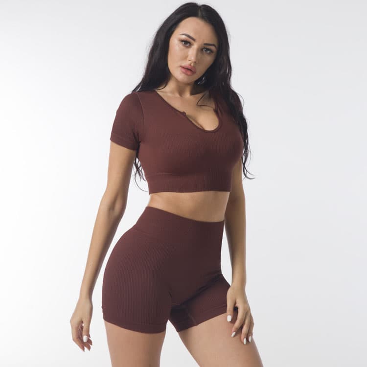 Retro Simple Breathable Quick Drying Threaded Seamless Short Sleeved Yoga Sports Top High Waist Yoga Pants Shorts