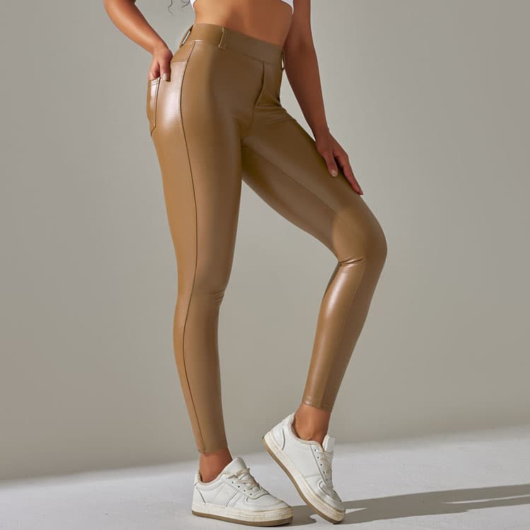 Waterproof PU Leather Pants With Pockets Tummy Tightening and Body Shaping High Waist Hip Lifting Nine Point Yoga Pants