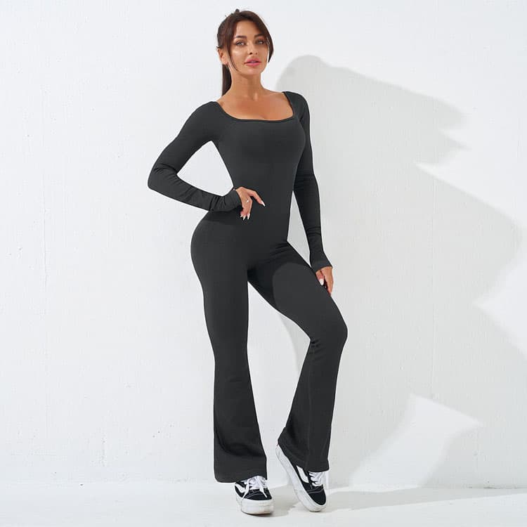 New Tight Solid Color Yoga Jumpsuit Hip Flared Pants square Neck Sexy Pilates Sports Fitness Yoga Wear
