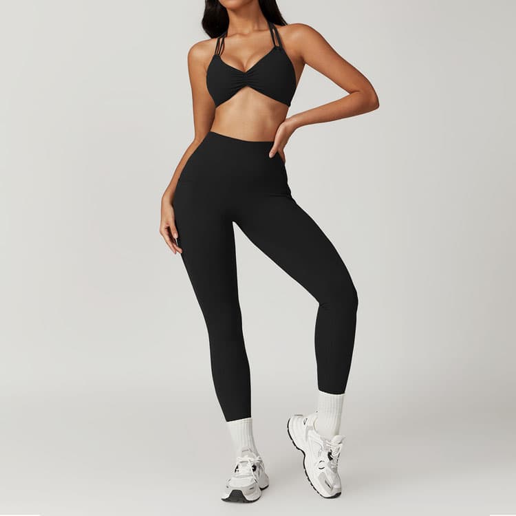 Quick Drying Hanging Neck Bow Tie Slim Hip Lift High Elastic Long Yoga Leggings Sexy Solid Color Yoga Set