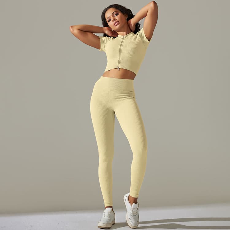 Classic Thread Zipper Cardigan Navel Exposed Solid Color Short Sexy Women Fitness Running Yoga Set