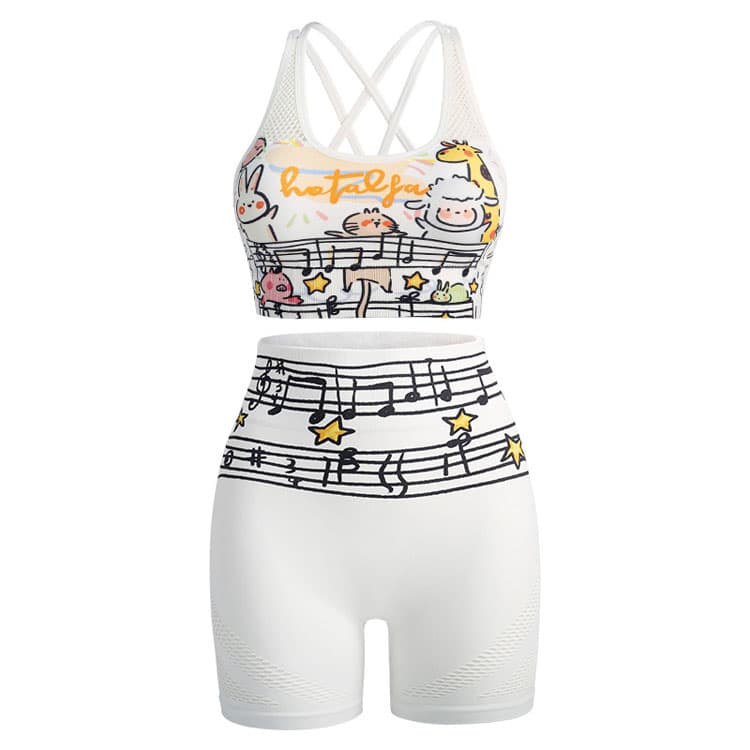 Cute Animal Musical Note Print Stitching Breathable High Elastic Beautiful Back Running Tight Sports Yoga Sets