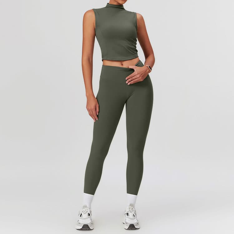 Half High Collar Workplace Style Sanded Simple Solid Color Tight Navel Exposed Women Yoga Set