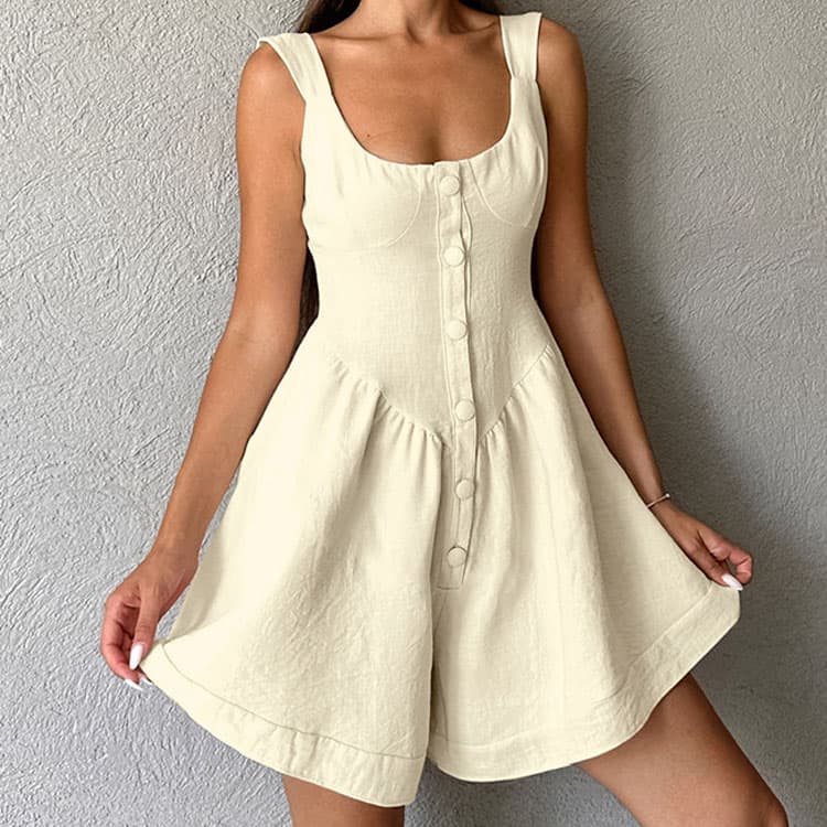 Cute Pastoral Girlish Cotton and Linen Round Neck Suspenders Sleeveless Button Jumpsuit