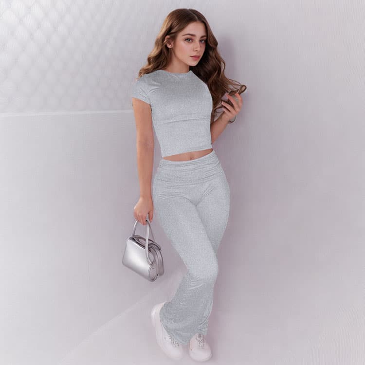 2024 New Solid Color Round Neck Short Sleeve Navel Baring Top Slightly Spicy Trousers Women Set