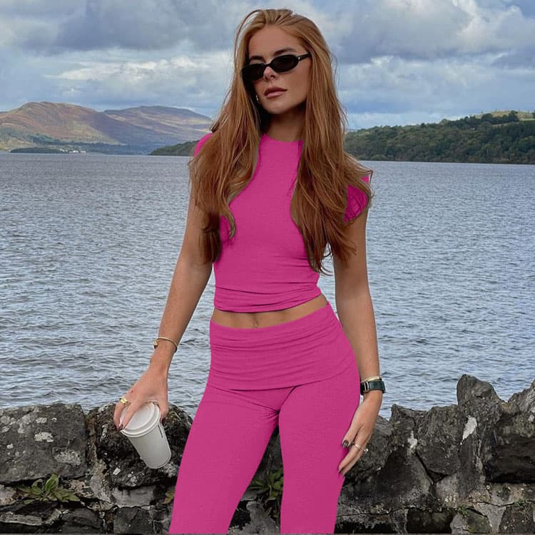 2024 Summer New Fashion Street Shot Hot Girl Belly Exposed Short Sleeve Slim Trousers Women Set