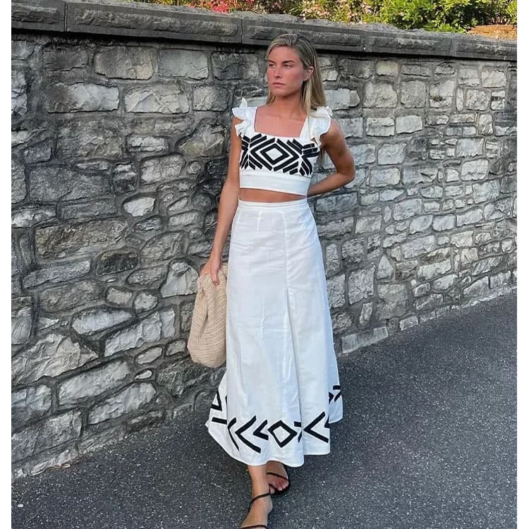 Bohemian Style Hot Sale Women Sleeveless Simple Wave Edge Printed Vest Skirt Two Piece Set