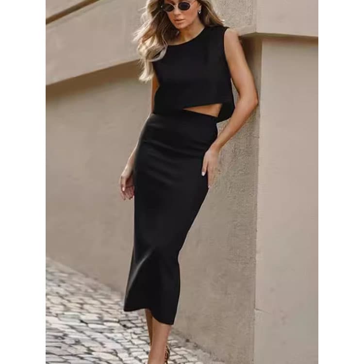 New Style Black Pure Cotton High Waist Simple Temperament commuter Skirt Women Two Piece Set