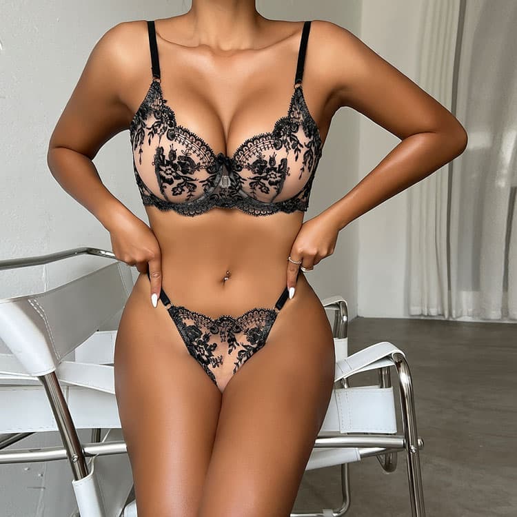 New Hot Sale Black Transparent Lace Embroidery Hollow Two Piece Set Women Sexy Lingerie