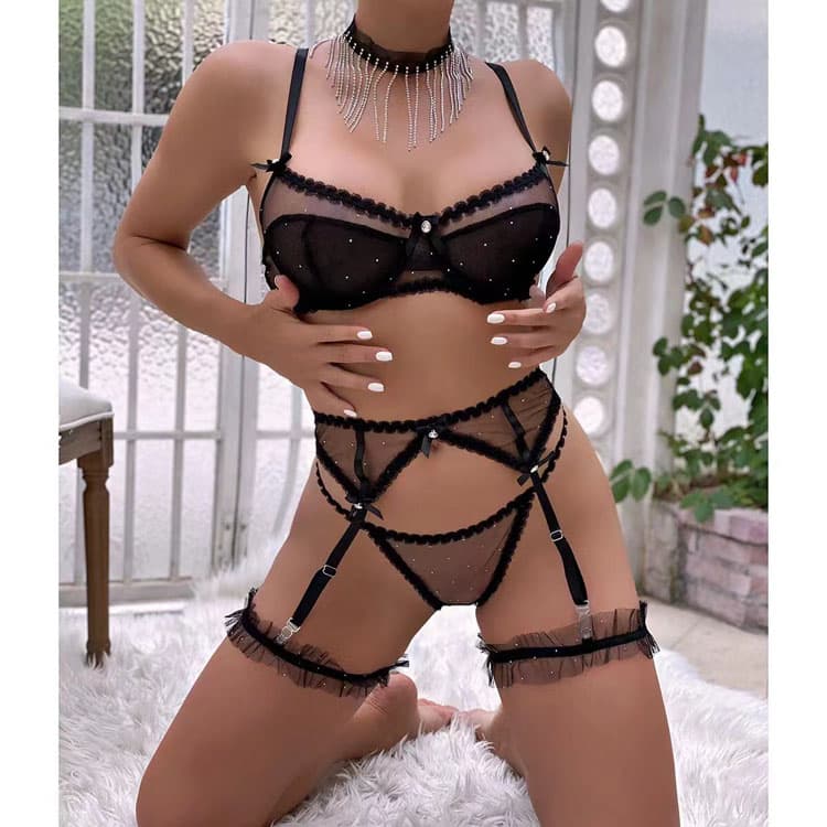 Hot Sale Polka Dot See Through Halter Necklace Sling Mesh Bow Women Black Sexy Lingerie Five Piece Set