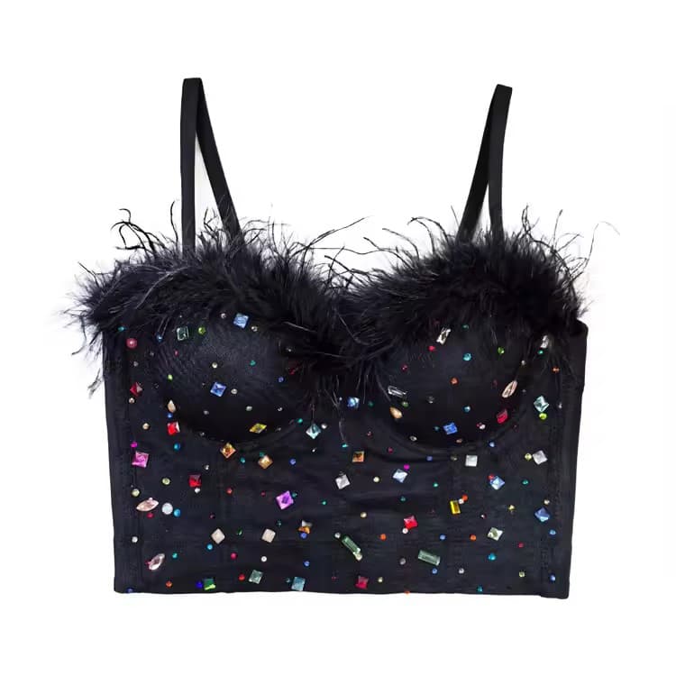 Diamond studded High End Herringbone Lingerie With Feather Decoration Design Women Sexy Corset
