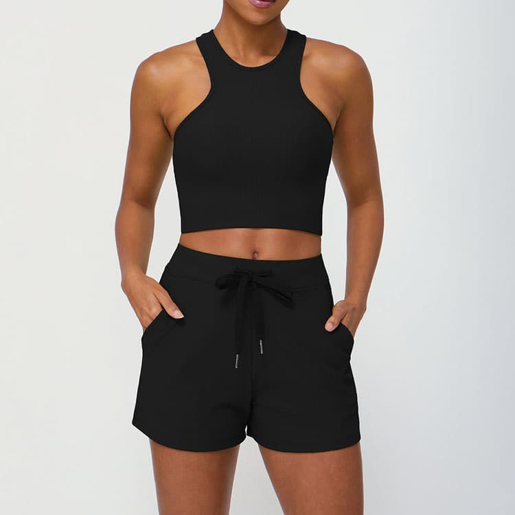 Ribbed Casual Sports Suit Women Shockproof Bra Drawstring Shorts Pocket Yoga Fitness Two Piece Set