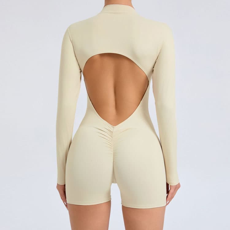 Hot Sale Sexy Hollow Back Half Open Zipper Jumpsuit Peach Hip Sports Fitness Big Backless Quick Drying Jumpsuit Yoga Set