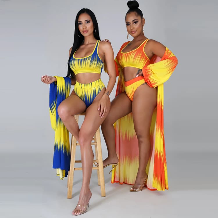 2022 New Contrast Color Three Piece Swimsuit Suit Long Sleeve Cover up Swimsuit