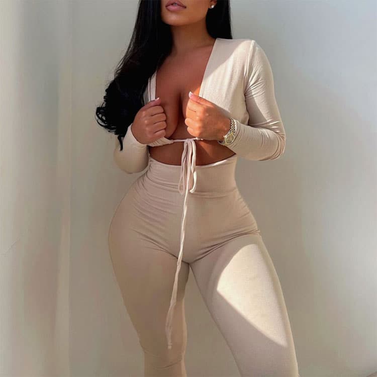 2021 New Autumn Fashion V Neck Lace up Long Sleeve Slim Fit Jumpsuit Women Wholesale