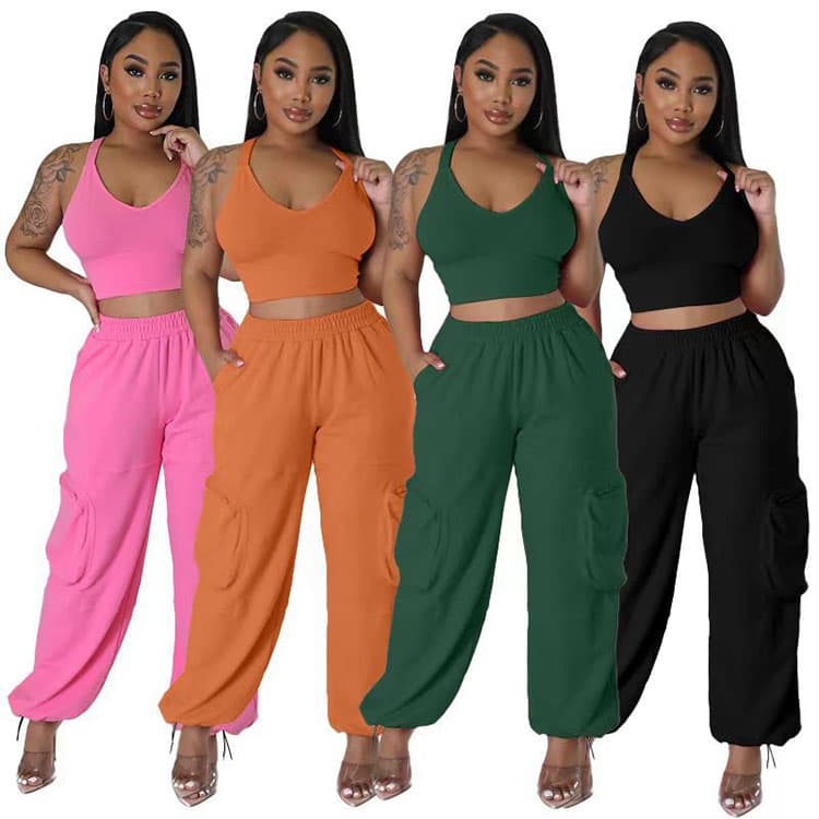 Hot Sell Plain Color Casual Crop Top Loose Pants Women Sweater Suit Two Piece Women Set