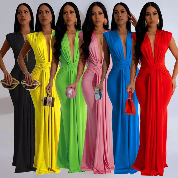 2024 Fashion Sexy Deep V Neck Casual Dress Hot Sell Elegant Bodycon Dress Floor Length Sleeveless Ladies Dress