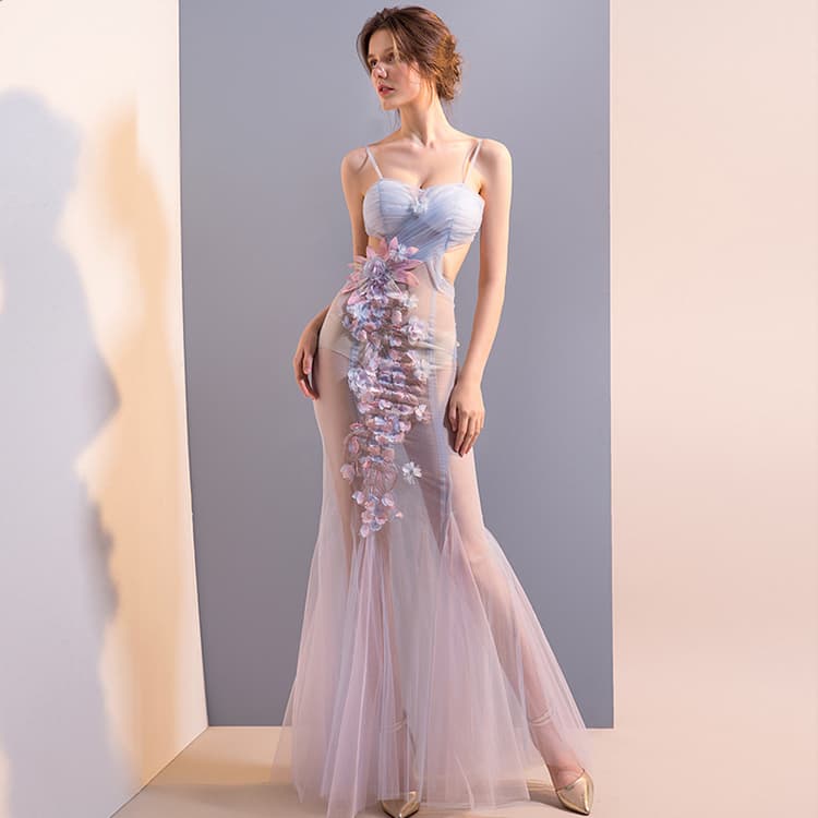 Sexy See Through Dress 3D Embroidery Flower Evening Dress Lace Mesh Slim Hollow Catwalk Dress