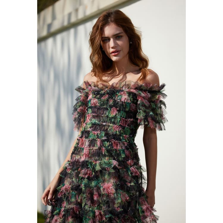 2024 New Women Mesh Floral Dress square Neck Sweet Girl Party Performance Dress Waist Elegant Long Evening Dress