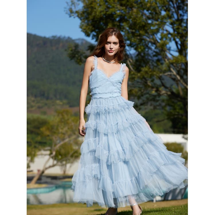 2024 Organza Sweet Strap Women Evening Dress Backless Ruffled Lace v Neck High Waist Tiered Long Dress Lolita fairy Dress
