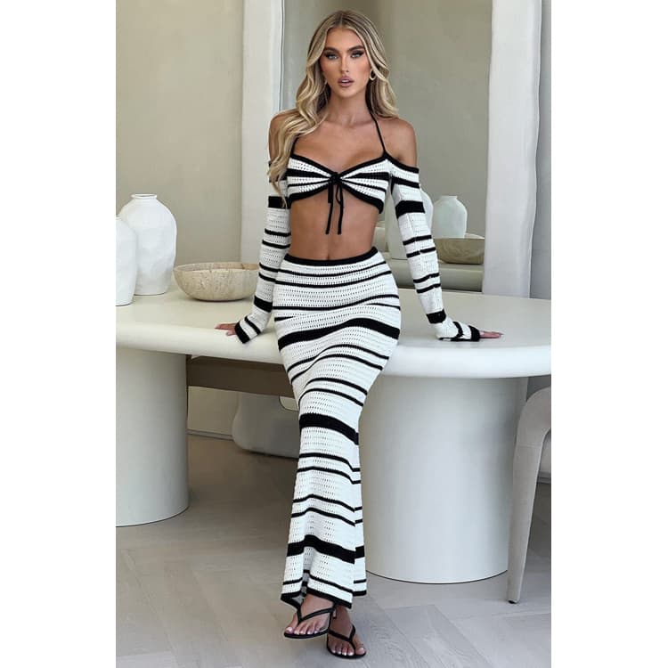 Bohemian Style Holiday Dress Womens Summer Striped Knit Dress Set Long Sleeved off Shoulder Spaghetti Strip Sexy Top Long Skirt