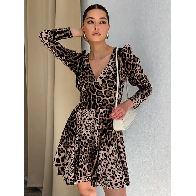 Retro Style Leopard Print Women Casual Dress v Neck Long Sleeve Sexy Design Slim Dress Fashion Summer must Have Women Mini Dress