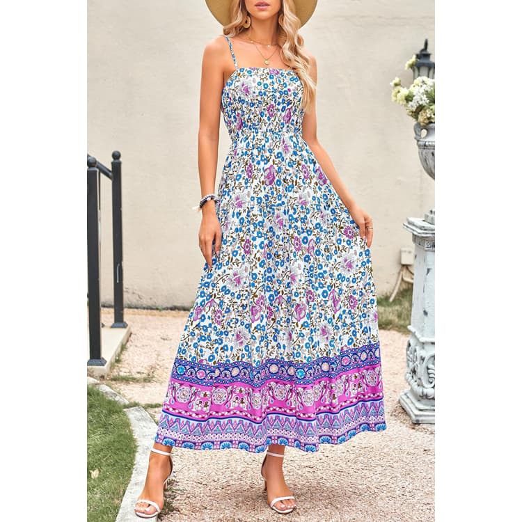 Womens Sleeveless Spaghetti Strip Vintage Casual Dress Floral Bohemian Holiday Beach Dress With Pockets Backless Long Dress