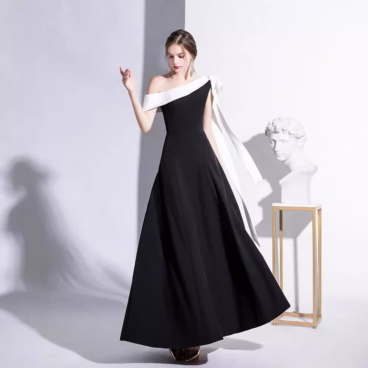 Black Evening Dress for Women 2024 Summer New One Shoulder Celebrity Temperament Banquet Bow Dress Slim Long Daily Dress