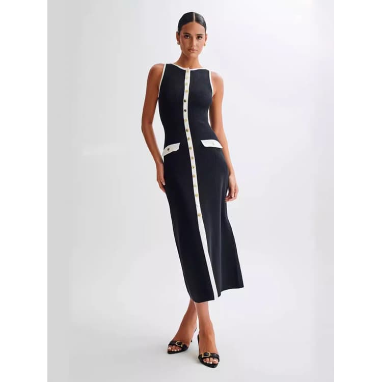 Ladies Elegant Sleeveless O Neck Long Woolen Dress 2024 Summer New Small Pit Strip Knit Dress Button Sample Women Casual Dress