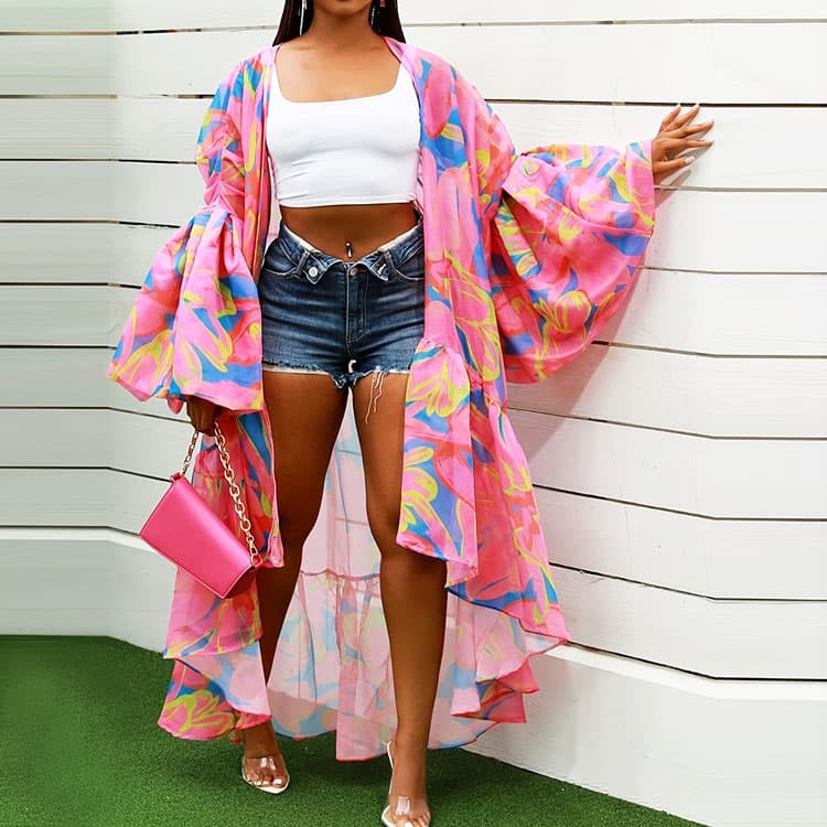 2025 Casual Spring and Autumn Womens Cover up Lantern Sleeve Irregular Hem Long Printing Outer Cardigan Women Beach Cover up