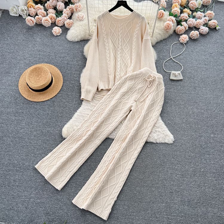Fashion Women Suit French Gentle Style Loose Cable Knit Sweater Set High Waist Slim Drape Trousers Knitting Two Piece Suit