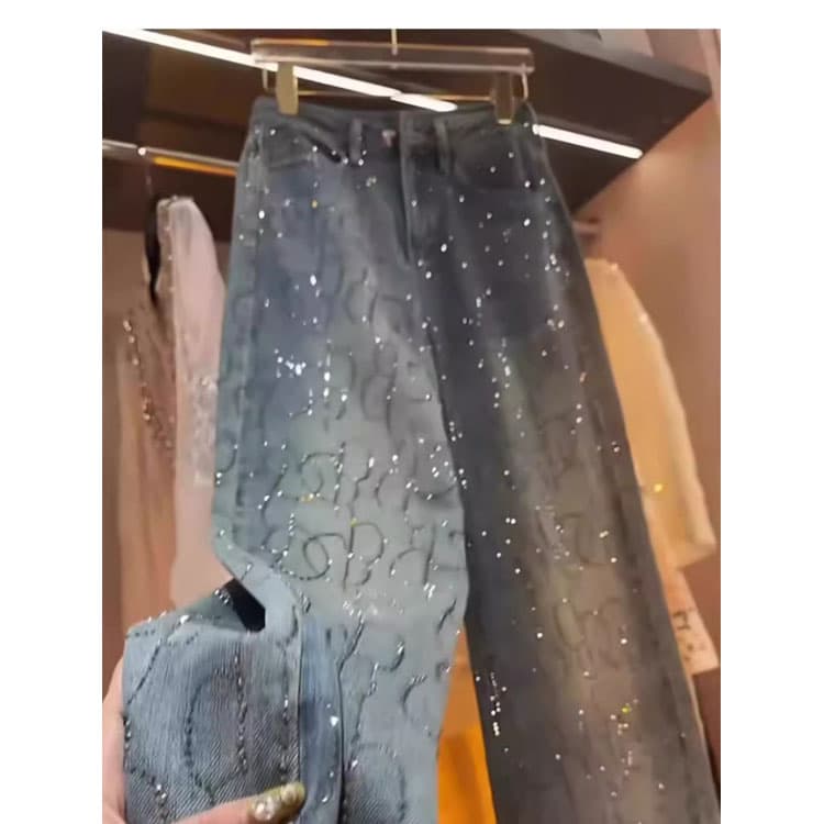 2026 Spring New High Quality Versatile High Waist Women Jeans Slim Straight Pants for Women Diamond Casual Jeans