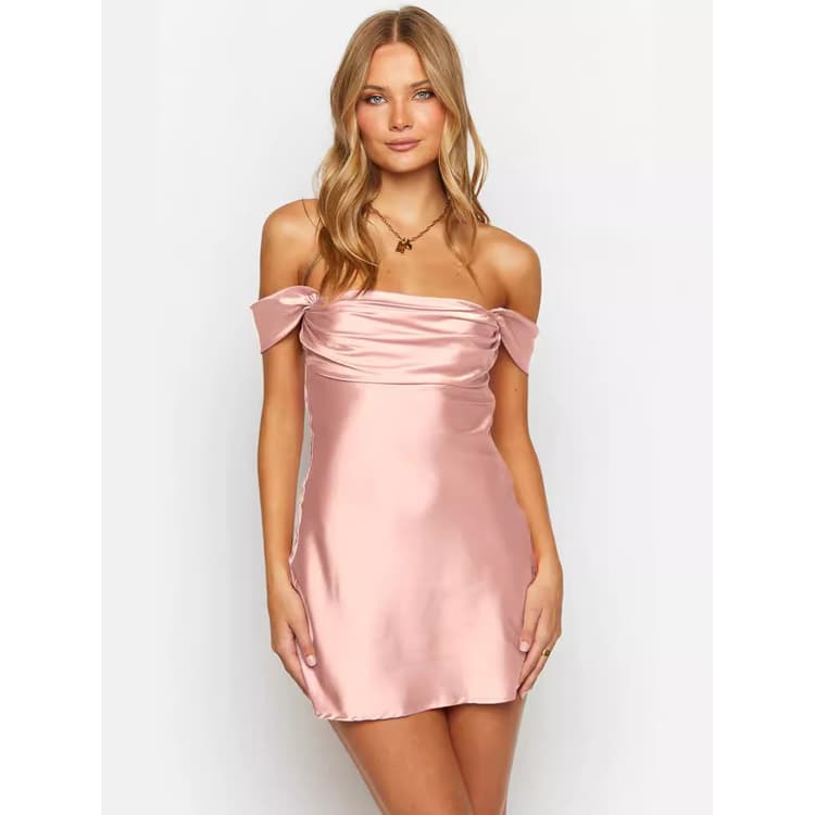 2024 Elegant One Shoulder Dress Custom Oem Casual Dresses Pleated Backless Vestido Casual Dresses Modest Solid Color