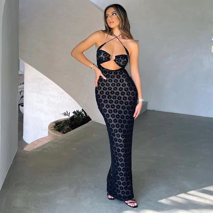 Fashion 2023 Club Long Dress Halter Hollow Out Skirt Backless Lace Print Translucent Sexy Skirt Ladies Sexy Club Dress