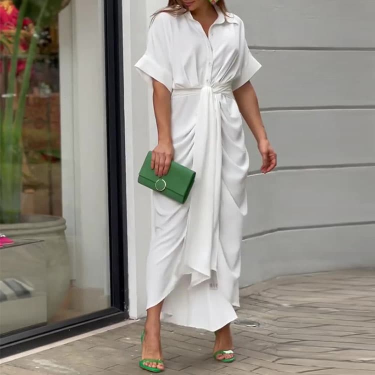 Hot Selling 2023 New Elegant Shirt Dress for Women High Waist Solid Dress Short Sleeve Midi Dress Casual
