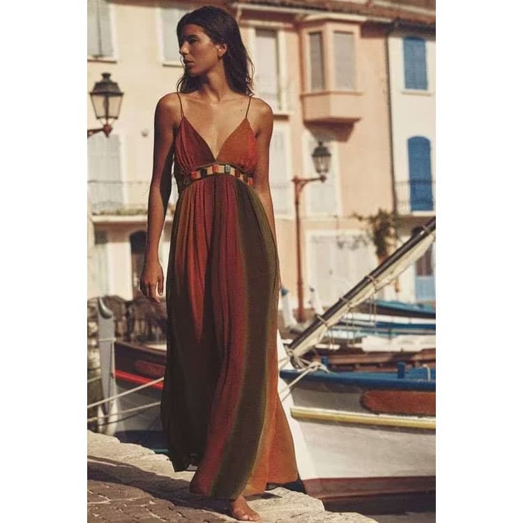 Wholesale 2023 New Womens Suspenders Dress Gemstone Embellished Deep V Neck Dress Pleated Midi Casual Dress