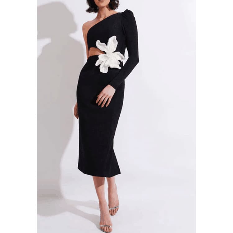 Hot Sell Elegant Ladies Evening Party Dress Sexy 3D Flower Embroidery Midi Dress One Shoulder Long Sleeve Bodycon Dress