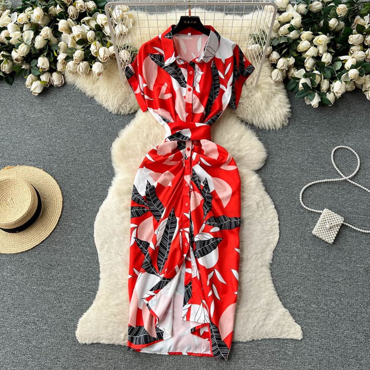 2023 Summer New Print Dress Lapel High Waist a Line Dress Pleated Slim Button Elegant Dress Women
