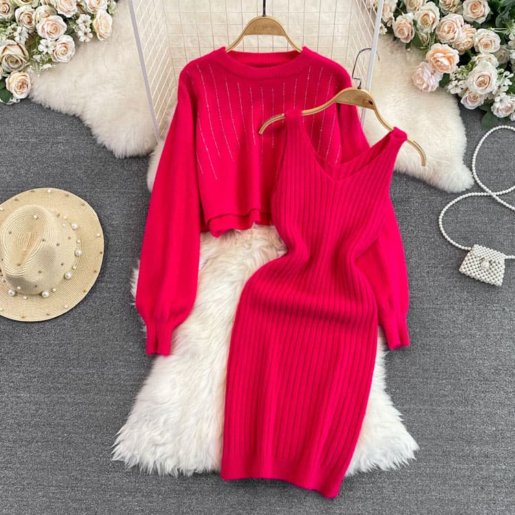 Wholesale Women Elegant Sweater Knit Dress Two Piece Set Candy Color Long Sleeve Dress Loose Diamond Short Dress